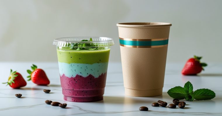 Custom printed rPET and kraft paper smoothie cups with gold and teal branding .