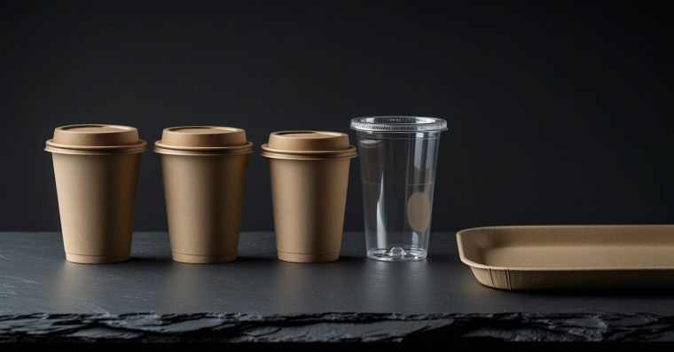 Kraft paper cups with biodegradable paper lids, a clear rPET cold cup and a kraft food tray on a dark slate surface