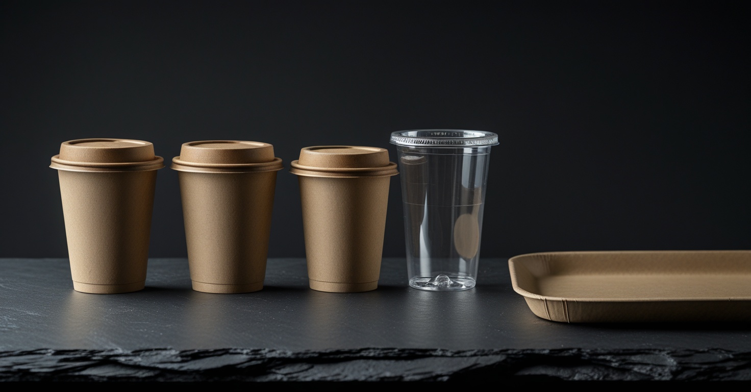 Kraft paper cups with biodegradable paper lids, a clear rPET cold cup and a kraft food tray on a dark slate surface